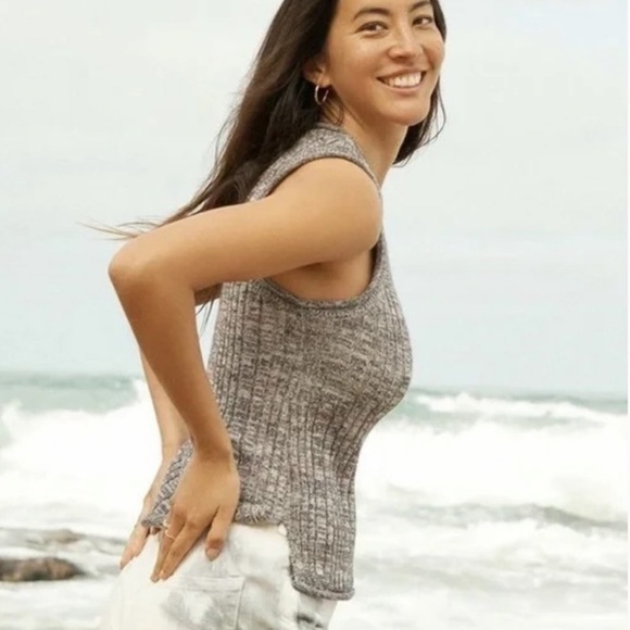 ANTHROPOLOGIE Pilcro Knit High Neck Ribbed Cotton Silk Blend Marled Gray Tank - Picture 4 of 9